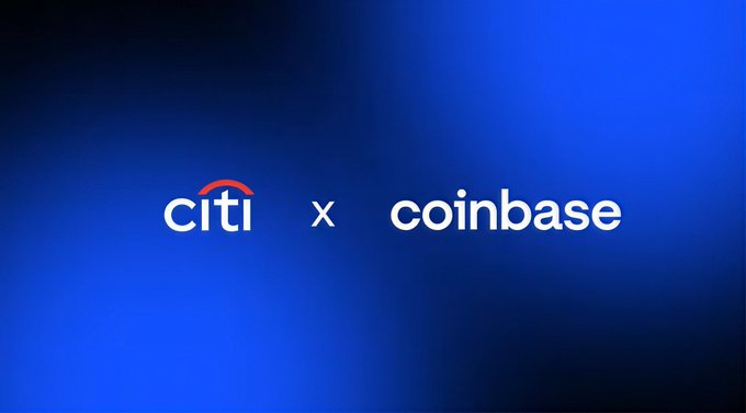 A blue gradient background displaying the logos of "citi" and "coinbase" separated by an "x," indicating a partnership between the two companies.