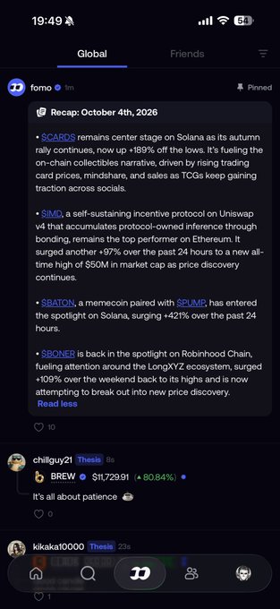 The image shows a "fomo" account post titled "Recap: October 4th, 2026" highlighting several crypto tickers including $CARDS, $SIMI, $BATON, and $BONER with gains like +189%, +97%, +421%, and +109% respectively. Below the recap, a user named "chilguy21" comments "BREW +80.84%" with the caption "It's all about patience," highlighting community frustration about which coins get coverage. The image relates to the accompanying post's complaint about $MASK being overlooked in favor of lesser-known tokens like those listed in the fomo recap.