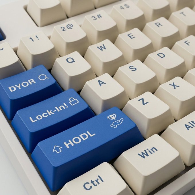 A close-up of a computer keyboard featuring custom blue keys labeled "DYOR," "Lock-In!" (with a lock icon), and "HODL" (with a diamond and hand icon), where the HODL key is highlighted to suggest the viewer "Click" it to commit to holding their investment.