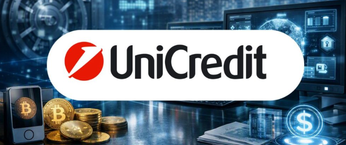 The UniCredit logo is prominently displayed over a futuristic background featuring cryptocurrency coins (including Bitcoin), digital screens, and financial graphics. The image visually reinforces the post's message about UniCredit's expansion into crypto custody, tokenization, and digital asset infrastructure through its blend of traditional banking branding with cryptocurrency symbols.