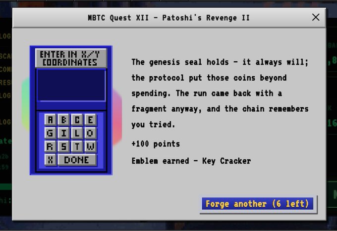 A pixel art puzzle interface for MBTC Quest XII - Patoshi's Revenge II asking for X,Y coordinates, displaying the text 'The genesis seal holds - it always will; the protocol put those coins beyond spending. The run came back with a fragment anyway, and the chain remembers you tried.' with rewards of +100 points and 'Key Cracker' emblem.
