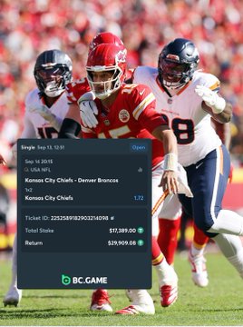 Sports betting screenshot from BC.GAME showing an NFL game between Kansas City Chiefs (Denver Broncos +12) and Kansas City Chiefs with a stake of $17,389.00 and return of $29,909.68.