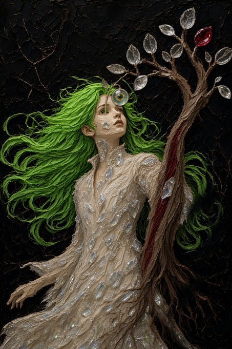 A fantasy artwork depicts a woman with flowing green hair, pale textured skin, and a white dress adorned with crystal-like fragments, set against a dark background with a thorny branch bearing a red gem.
