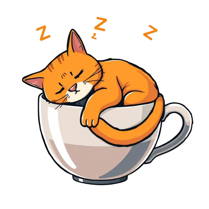 An orange tabby cat is curled up and sleeping inside a white coffee cup, with "Zzz" floating above its head to indicate it's dozing. The illustration visually represents the post's message of $KOPICAT "brewing quietly" — fitting since cats famously love curling into cups and boxes, symbolizing the meme coin's slow, cozy start as it builds momentum on Solana.