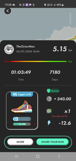 Another STEPN app screenshot showing a "Jogger Lv30" sneaker NFT for user "TheOrionMan", completing a 5.15 km run in 01:03:49 with 7180 steps, earning +340.00 GMT.