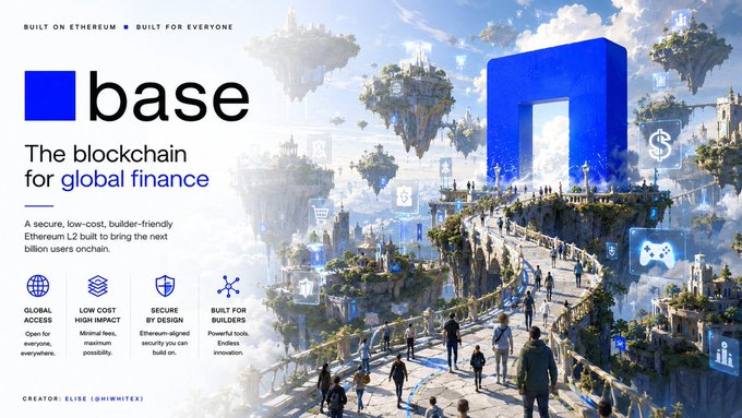 Promotional banner for 'base' describing it as 'The blockchain for global finance,' built on Ethereum L2, featuring a futuristic cityscape with floating islands and a large blue 'n' logo.