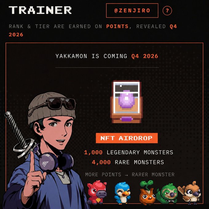 A promotional graphic for the "TRAINER" program at @playyakkamon, featuring a pixel-art character with a sword and showing an upcoming NFT airdrop of 1,000 legendary and 4,000 rare monsters tied to point-based ranks, with Yakkamon launching Q4 2026. The image supports the post by illustrating the early-access trainer rewards the author secured, which they'll share via access codes starting August 5th.