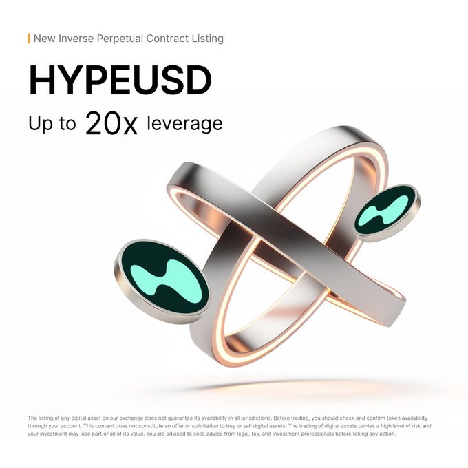 A promotional graphic announcing the listing of the HYPEUSD Inverse Perpetual Contract, featuring the text "New Inverse Perpetual Contract Listing," "HYPEUSD," and "Up to 20x leverage," alongside a stylized 3D metallic ring design with green HYPE token icons, aligning with the post's announcement of HYPE trading availability on Bybit.