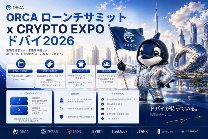 A promotional poster for the ORCAローンチサミット x CRYPTO EXPOドバイ2026 event in Dubai, featuring an orca mascot holding a flag, with event dates (August 16-17, 2026), prizes including $35,000 USDT, and sponsor logos like ORCA, CIRCLE, TRON, BYBIT, BlackRock, LBANK, Layer Zero, and CARDANO.