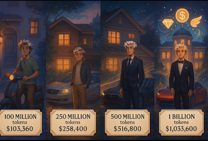 A four-panel illustration showing a young man's progression from a simple lifestyle (riding a scooter, 100 million tokens/$103,360) to increasingly luxurious settings with sports cars and mansions, culminating in a wealthy figure (1 billion tokens/$1,033,600) surrounded by floating currency symbols.