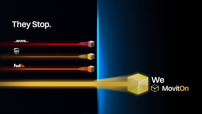 An advertisement graphic showing 'They Stop.' next to DHL, UPS, and FedEx logos, contrasted with 'We MovitOn' on the right side.
