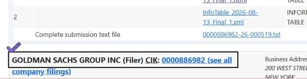 A snippet of a SEC filing webpage showing a link for 'GOLDMAN SACHS GROUP INC (Filer) CIK: 0000886982' and references to InfoTable and submission text files.