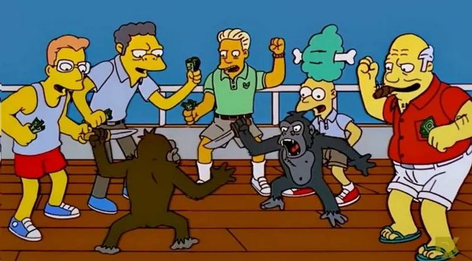 The image shows a chaotic deck scene with Simpsons-style characters aggressively threatening monkeys and a gorilla with money, illustrating the cutthroat, monkey-fighting nature of prediction markets where traders attack each other to profit. The accompanying "prediction markets and pvp trading visualized" caption captures how the scene depicts traders wielding cash like weapons in a brutal player-versus-player battleground.
