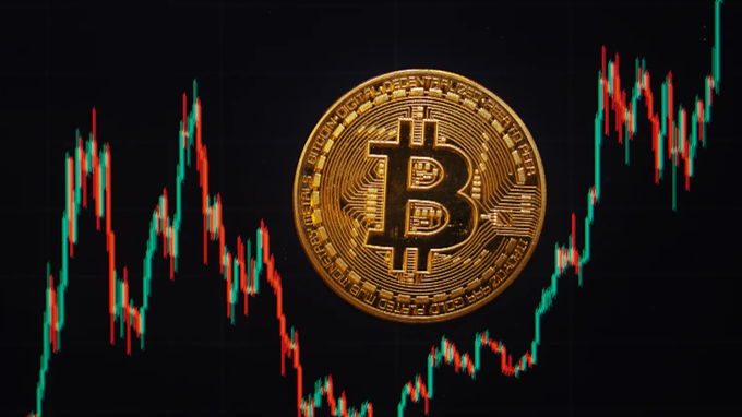 A close-up of a gold Bitcoin coin centered against a background of a green and red cryptocurrency price candlestick chart.