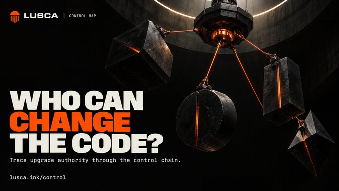 An advertisement for LUSCA Control Map with the bold text 'WHO CAN CHANGE THE CODE?' featuring a dark 3D rendered scene with suspended geometric shapes.