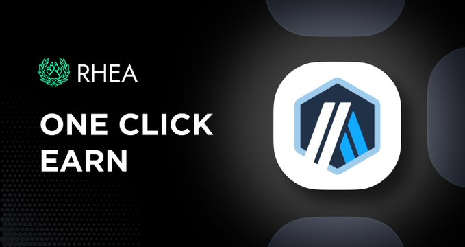 The image features a black background with white text that reads "One Click Earn" followed by an arrow pointing towards the right side of the image, which says "arbitrum The simplest way to put your $USDT and $USDC to work".