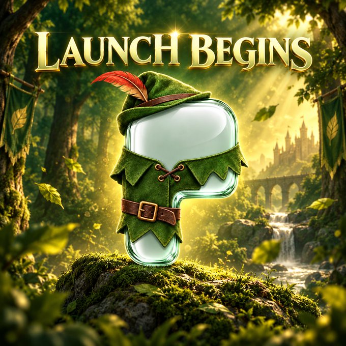 A fantasy promotional image featuring a glowing glass jar dressed as Robin Hood with a green hat, feather, and belt, set in an enchanted forest with a castle and waterfall in the background, beneath the golden text "LAUNCH BEGINS."