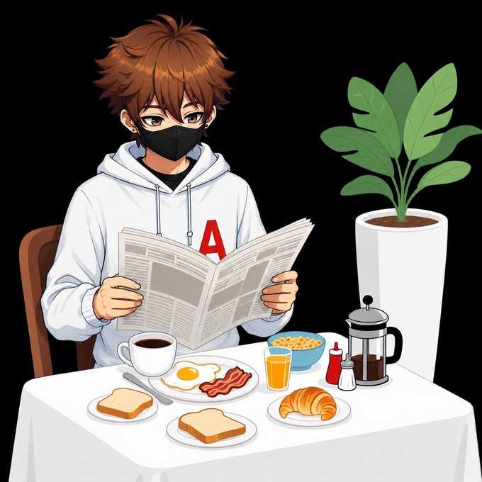 An anime-style illustration of a boy with brown hair, wearing a black face mask and a white hoodie with a red 'A', sitting at a breakfast table with coffee, eggs, bacon, cereal, toast, a croissant, and a potted plant nearby.