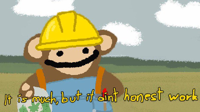 A cartoon illustration of a bear wearing a yellow construction hard hat and blue overalls, holding money, with the text 'It is much, but it aint honest work'.