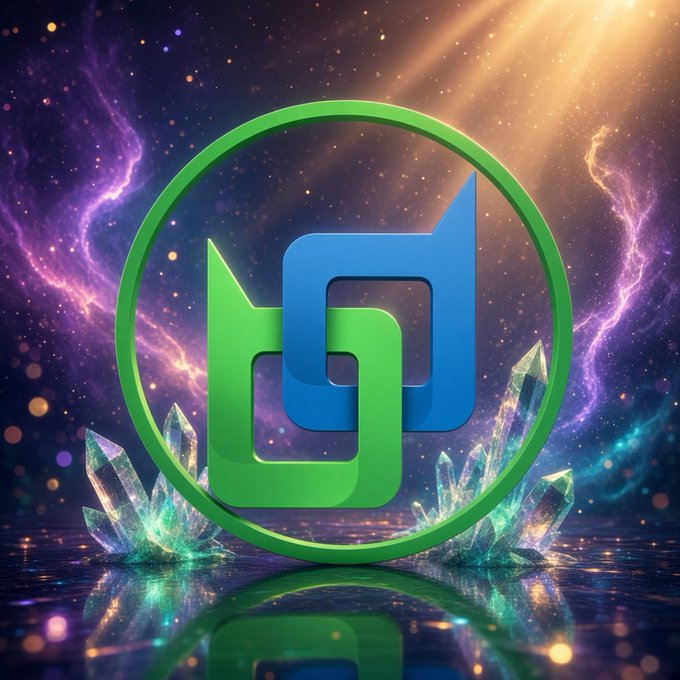 A digital logo with interlocking blue and green shapes inside a green ring, set against a cosmic background with crystals.
