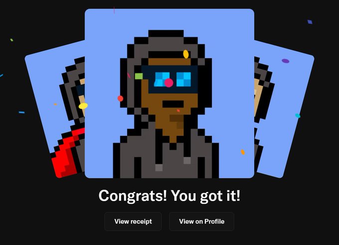 The image displays a digital receipt for a pixelated character NFT, featuring the text "Congrats! You got it!" along with "View receipt" and "View on Profile" buttons. This visual represents the successful acquisition of a "rare Migos" asset mentioned in the accompanying post.