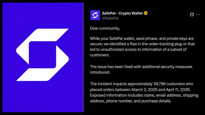 SafePal's official X post announcing a data breach affecting 39,798 customers via an order-tracking plug-in flaw, exposing personal information (names, emails, shipping addresses, phone numbers, and purchase details) between March 2, 2025 and April 11, 2026, while confirming seed phrases, wallets, and private keys remained secure.