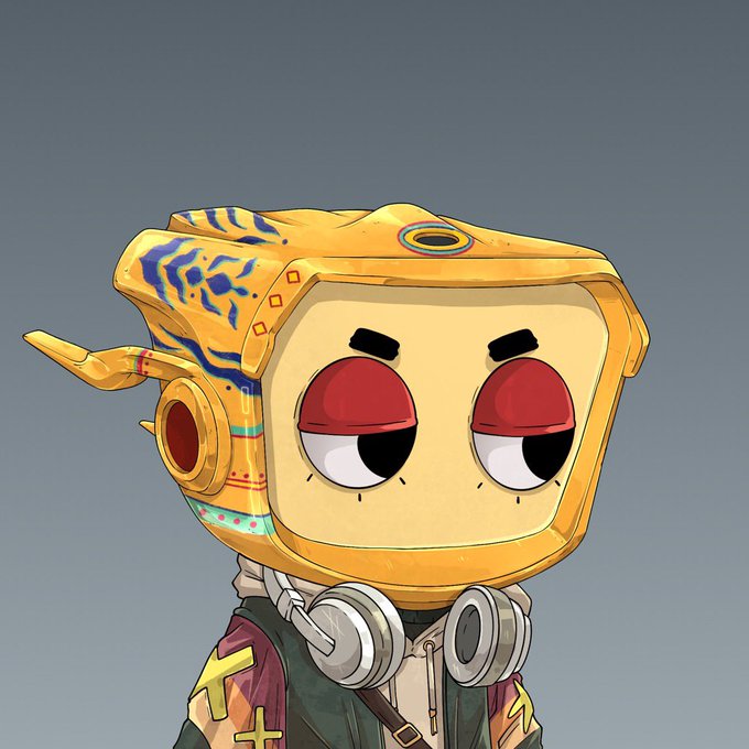 A digital illustration of a robotic character with a yellow TV-like head displaying red eyes, featuring headphones around its neck and wearing a dark jacket with cross patterns.
