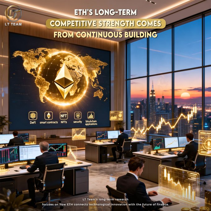 A trading floor with glowing Ethereum logos and charts displayed on a large screen, featuring text "ETH'S LONG-TERM COMPETITIVE STRENGTH COMES FROM CONTINUOUS BUILDING" and icons highlighting DeFi, smart contracts, NFTs, security, and blockchain applications, with the caption "LT Team's long-term research focuses on how ETH connects technological innovation with the future of finance." The image visually reinforces the post's message about Ethereum's institutional adoption, expanding developer ecosystem, and growing real-world blockchain applications.