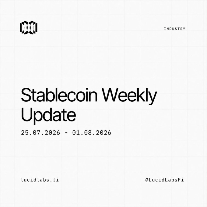 A minimalist cover graphic for "Stablecoin Weekly Update" covering 25.07.2026 - 01.08.2026, branded with the Lucid Labs logo, "INDUSTRY" category tag, and links to lucidlabs.fi and @LucidLabsFi. It serves as the header image introducing the week's stablecoin news roundup, including headlines like Kenya cutting capital requirements for stablecoin issuers.
