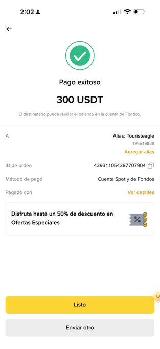 A screenshot of a Binance payment confirmation showing a successful transfer of 300 USDT to alias "Touristeegle" (195519828), sent via a Spot and Funds account with order ID 439311054387707904, illustrating the post's message about sending the first 300 USD to @sanllenito in Caracas.