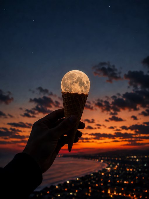 A hand holds up an ice cream cone against the backdrop of a full moon at dusk, with a sunset and city lights visible below.