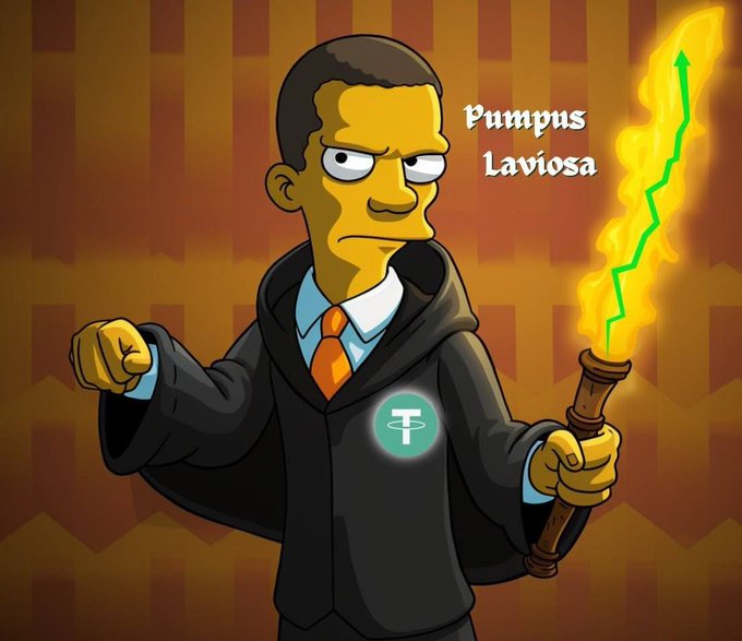 A cartoon illustration in a Simpsons style of a man in a black suit holding a flaming torch with an upward green arrow, labeled "Pumpus Laviosa" with a "T" logo on his chest.