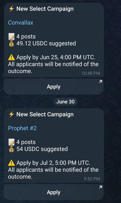 A mobile notification screen showing two 'New Select Campaign' alerts from Convallax and Prophet #2, offering 49.12 USDC and 54 USDC respectively for 4 posts each, with application deadlines.