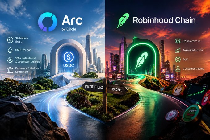 A promotional split-image comparing 'Arc by Circle' (a stablecoin first L1 featuring USDC for gas, 100+ builders, and payments/markets/settlement) with 'Robinhood Chain' (an L2 on Arbitrum featuring tokenized stocks, DeFi, and consumer trading), showing two glowing archways with directional signs pointing toward 'INSTITUTIONS' and 'TRADERS'.