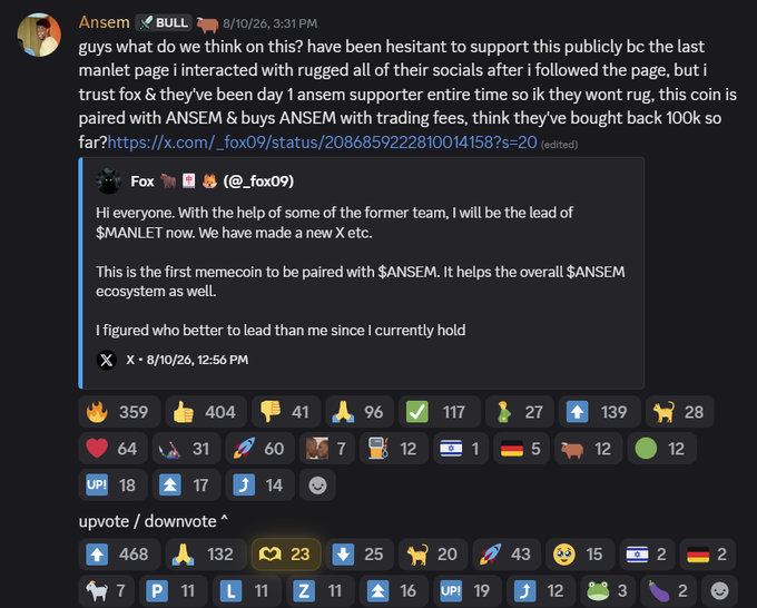 A screenshot of a social media post by user 'Ansem' discussing support for a cryptocurrency project called $MANLET associated with $ANSEM.