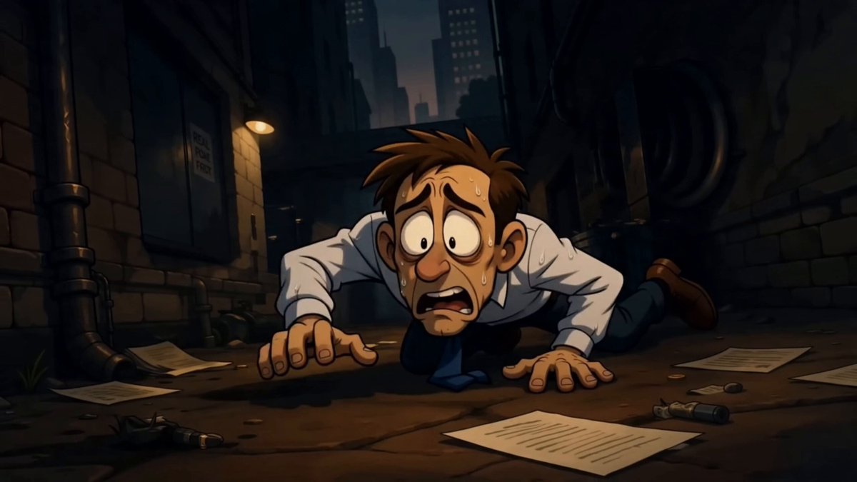 The image features a cartoon man who appears to be in distress, kneeling down with his hands on the ground. The man's facial expression suggests that he is scared or upset about something. The caption of the image reads "In a world where banks still use fax machines... The REAL Cat Cartel arrives tonight... Took me 3 days and nights to make this video for @genflow_ai tagging @ivo_grigorov #UCCC #REAL". This post seems to be related to the cartoon, as it features a man who is experiencing distress in a world where banks still use fax machines. The caption provides context about the image's content and its connection to the original post.