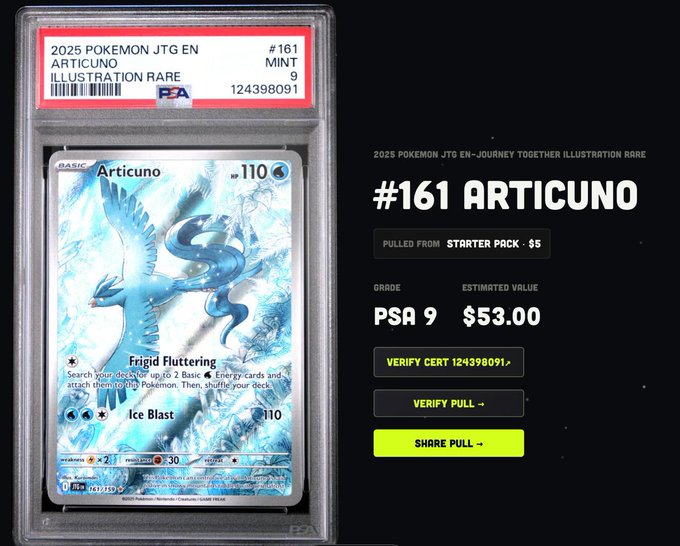 A graded PSA 9 Pokémon trading card of Articuno (#161) from the 2025 Journey Together Illustration Rare set, pulled from a Starter Pack for $5, with an estimated value of $53.00 and PSA certification number 124398091.