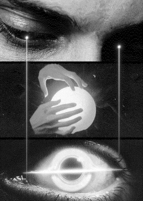 A monochromatic, surreal collage featuring close-up human eyes framing an image of hands holding a glowing orb.
