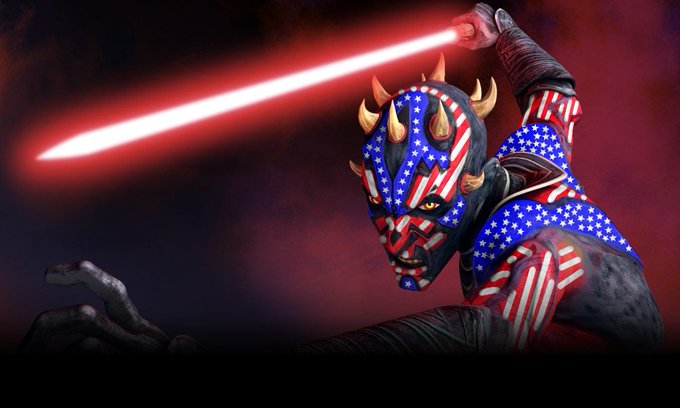 A digitally edited image depicting the Star Wars character Darth Maul with his face painted in the pattern of the United States flag, wielding his signature double-bladed red lightsaber.