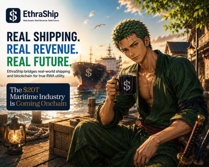 EthraShip promotional banner featuring an anime-style green-haired swordsman holding a branded mug at a harbor, with text 'REAL SHIPPING. REAL REVENUE. REAL FUTURE.' and 'The $20T Maritime Industry is Coming Onchain'.