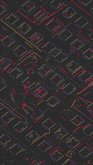 An abstract digital artwork with a dark background featuring colorful (red, yellow, blue) linear and geometric patterns that resemble a stylized circuit board or futuristic cityscape.