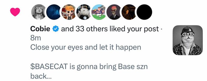 The image displays an Instagram notification from verified user Cobie and 33 others liking content, with a caption reading "Close your eyes and let it happen" and "$BASECAT is gonna bring Base szn back..."—referencing the BASE cryptocurrency ticker while celebrating Cobie's engagement with the post.