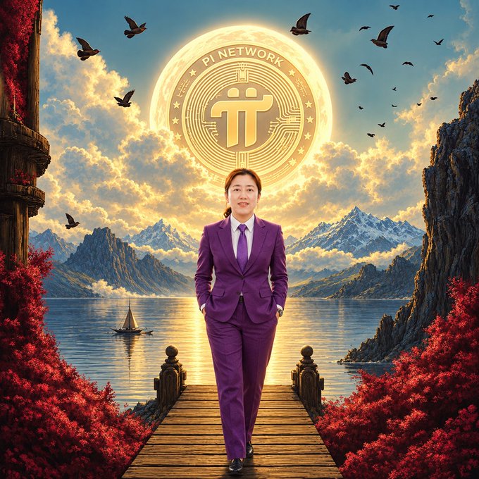 A person in a purple suit walks along a wooden pier toward a dramatic mountain-and-lake landscape, beneath a glowing Pi Network emblem and the text “PI NETWORK.” The post’s “ℙ𝕚 ℕ𝕖𝕥𝕨𝕠𝕣𝕜” title directly identifies the cryptocurrency brand featured in the image.