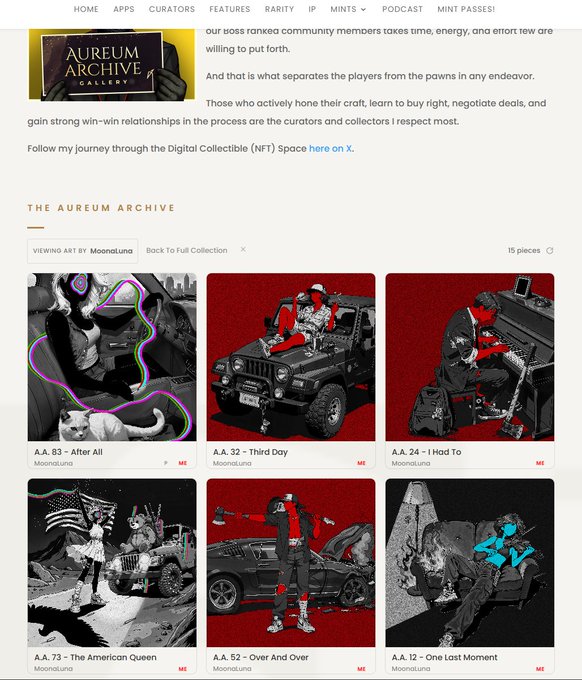 A webpage from 'THE AUREUM ARCHIVE' showing an NFT gallery collection by artist Moonsluna, featuring digital artworks with titles like 'After All', 'Third Day', and 'I Had To'.