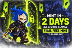 A promotional graphic with a blue-haired chibi character on the left, reading 'MINT IN 2 DAYS / ALL X $POTG CLAIMED / FINAL FREE MINT / TELEGRAM ONLY' in bold yellow and white text.