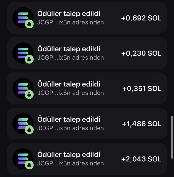 A screenshot of a crypto wallet showing multiple successful airdrop claims from an address (JCGP...ix5n), with rewards ranging from +0.230 to +2.043 SOL, illustrating the receipt of free Solana tokens. The image serves as proof of receiving an airdrop, aligning with a post promoting a $MEMEBULL token giveaway to users who share their SOL wallet addresses.