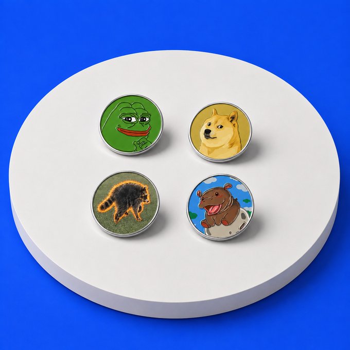 Four circular pins displayed on a white circular platform against a blue background, featuring a Pepe frog, a Shiba Inu dog, a raccoon, and a capybara.