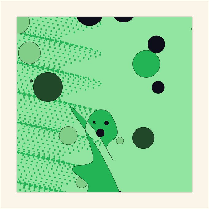 A green-toned abstract artwork from Art Blocks featuring various circles, dots, and an organic green form, acquired as "The Opera #69" by Luke Shannon for 0.1 ETH. The generative piece showcases layered geometric shapes and stippled patterns characteristic of algorithmic digital art.