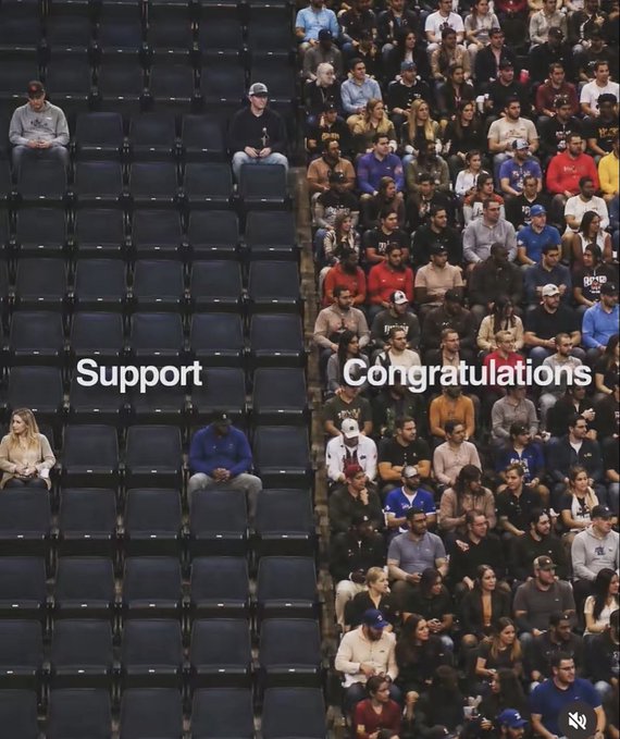 A nearly empty section of arena seats labeled "Support" stands in stark contrast to a packed crowd labeled "Congratulations," illustrating the post's point that bitcoiners receive little support during losses but are met with overwhelming criticism when celebrating wins.
