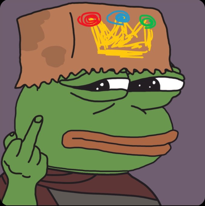 A digitally drawn Pepe the Frog character wearing a brown paper bag as a hat with a yellow crown drawn on it, raising a middle finger.